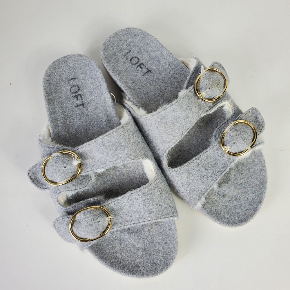 LOFT Gray Slippers with Gold Buckles
